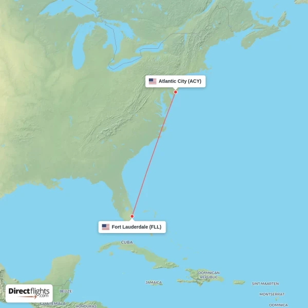 Atlantic City - Fort Lauderdale direct flight map