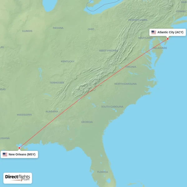 Atlantic City - New Orleans direct flight map