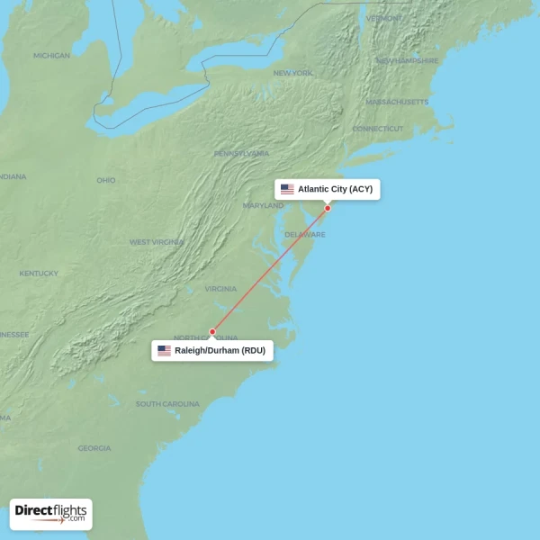 Atlantic City - Raleigh/Durham direct flight map