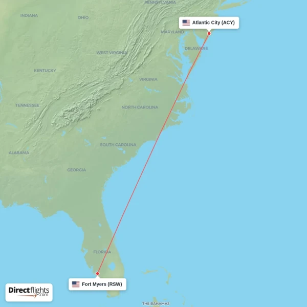Atlantic City - Fort Myers direct flight map