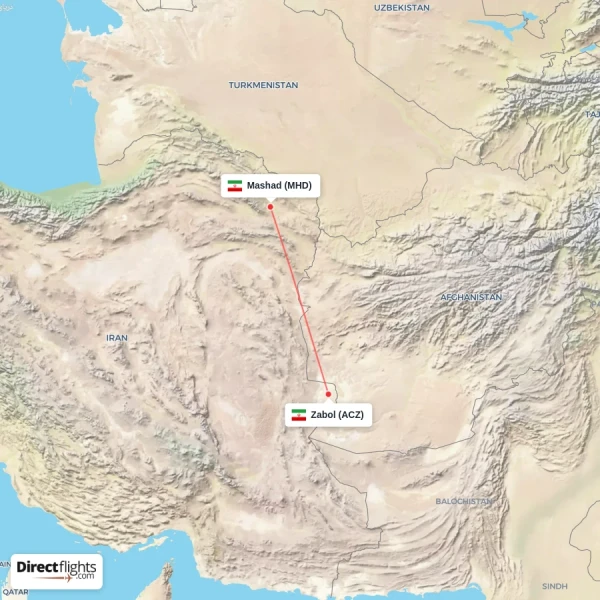 Zabol - Mashad direct flight map