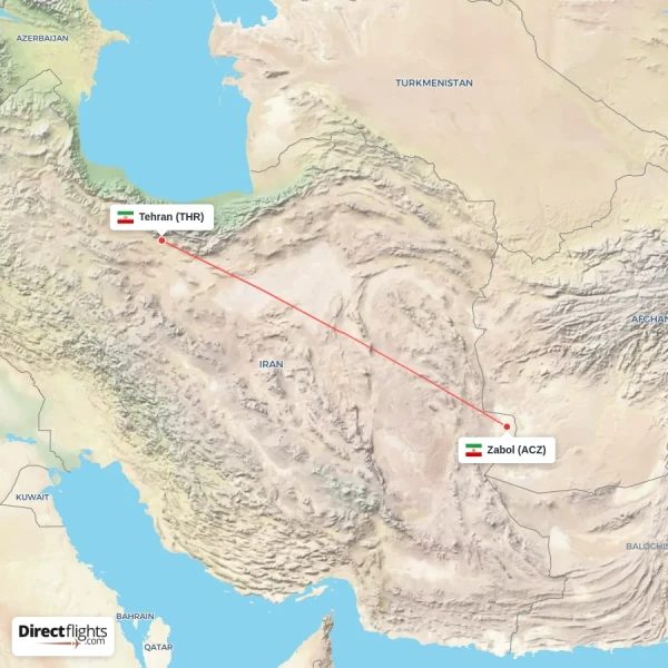 Zabol - Tehran direct flight map