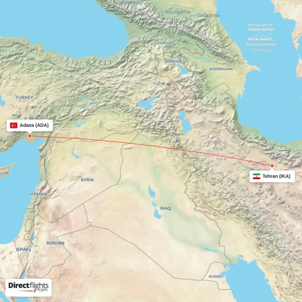 Adana - Tehran direct flight map