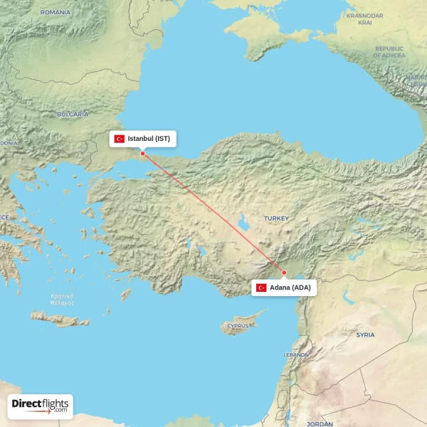 Adana - Istanbul direct flight map