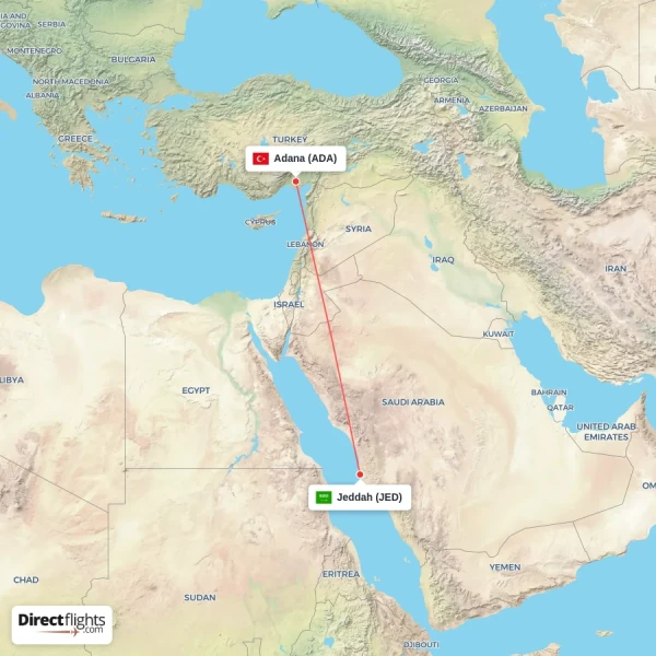 Adana - Jeddah direct flight map