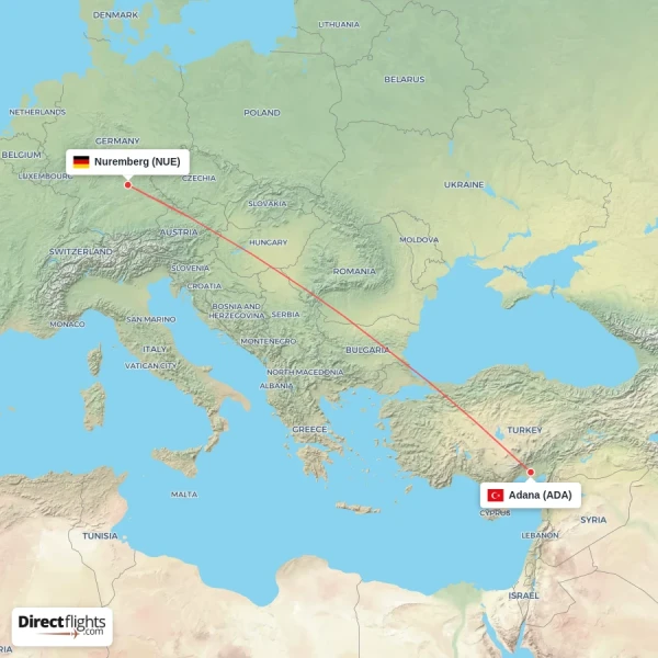 Adana - Nuremberg direct flight map
