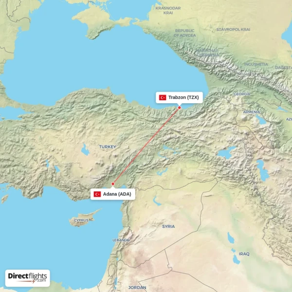 Adana - Trabzon direct flight map