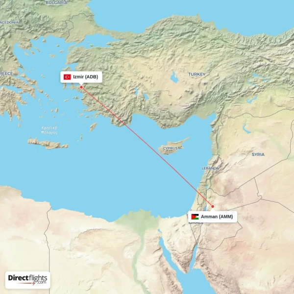 Izmir - Amman direct flight map