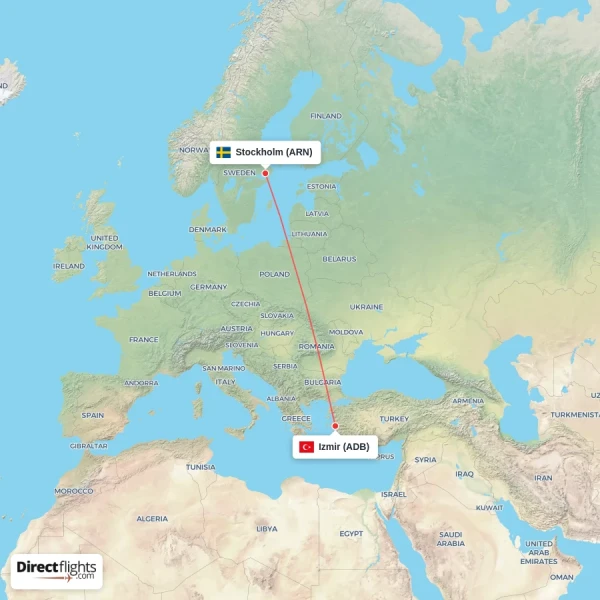Izmir - Stockholm direct flight map
