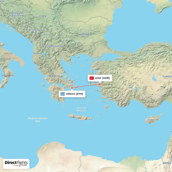 Izmir - Athens direct flight map
