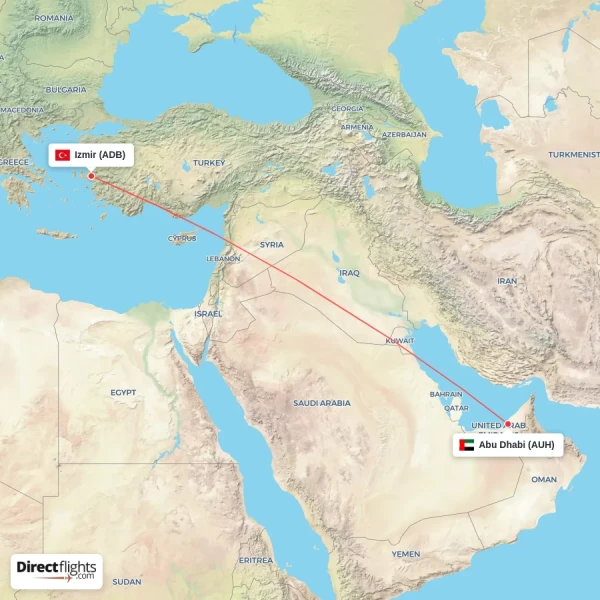 Izmir - Abu Dhabi direct flight map