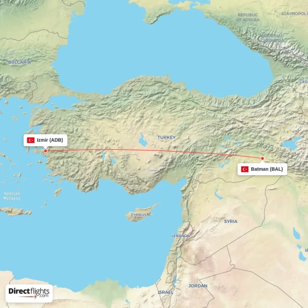 Izmir - Batman direct flight map