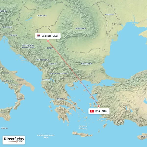 Izmir - Belgrade direct flight map