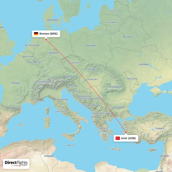 Izmir - Bremen direct flight map
