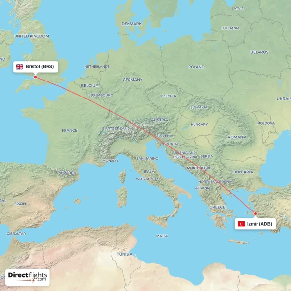 Izmir - Bristol direct flight map