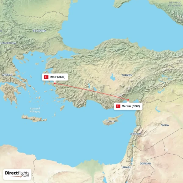Izmir - Mersin direct flight map