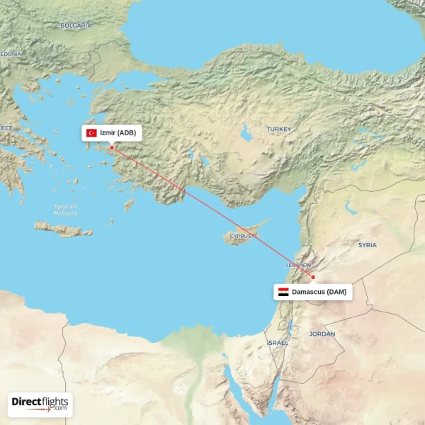 Izmir - Damascus direct flight map
