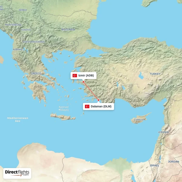 Izmir - Dalaman direct flight map
