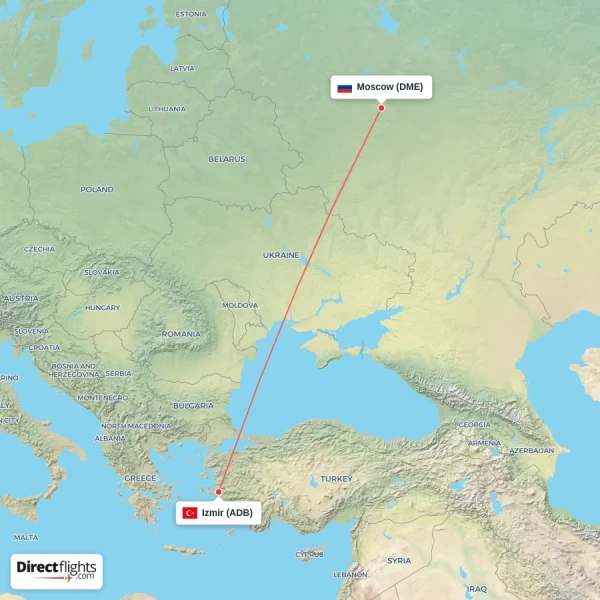 Izmir - Moscow direct flight map