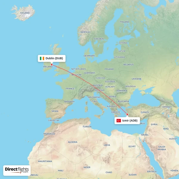 Izmir - Dublin direct flight map