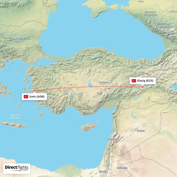 Izmir - Elazig direct flight map