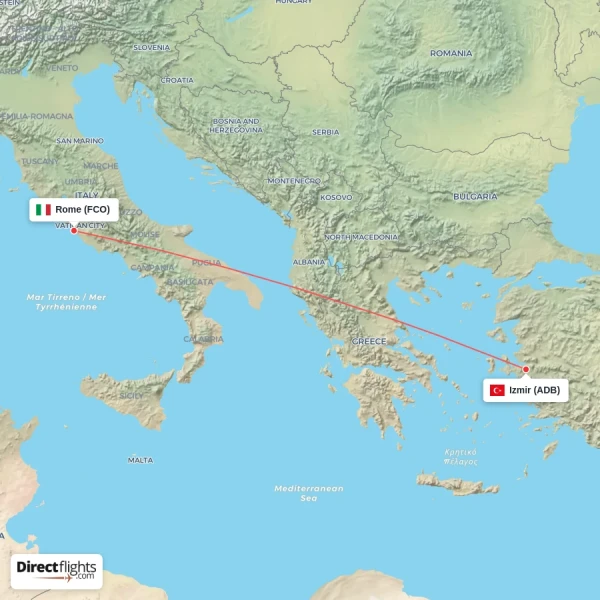 Izmir - Rome direct flight map