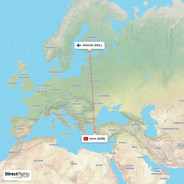 Izmir - Helsinki direct flight map