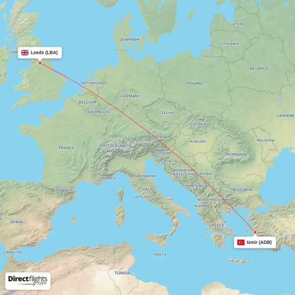 Izmir - Leeds direct flight map