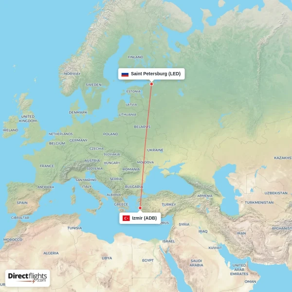 Izmir - Saint Petersburg direct flight map