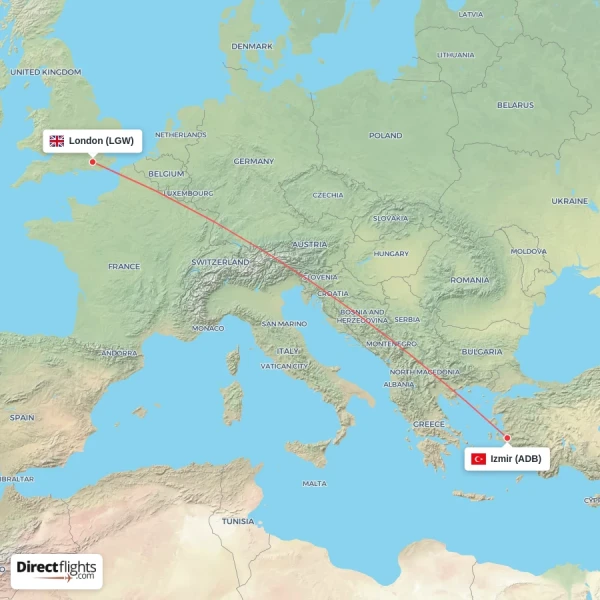 Izmir - London direct flight map