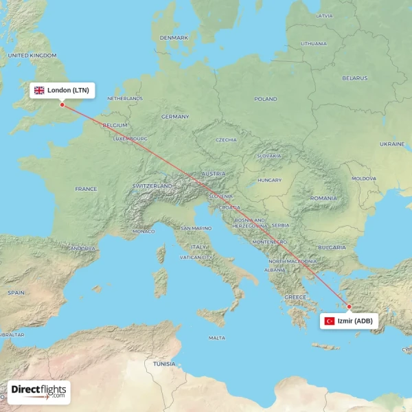 Izmir - London direct flight map