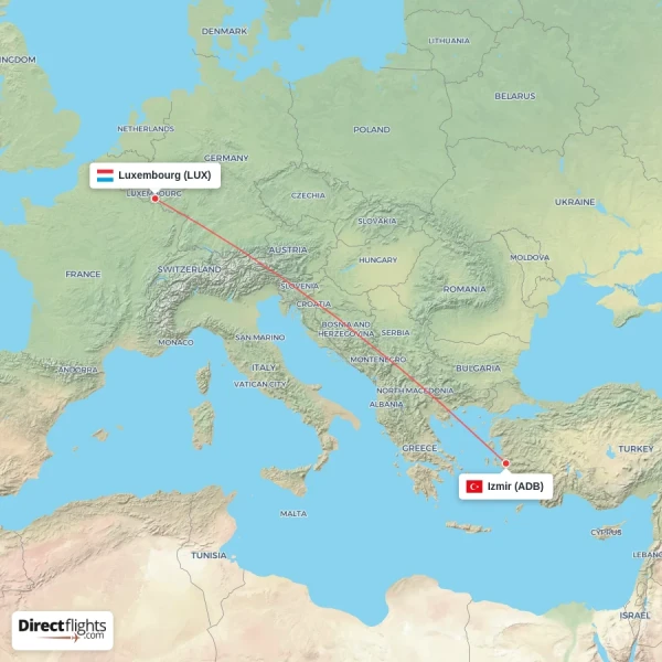 Izmir - Luxembourg direct flight map