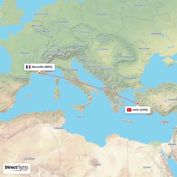 Izmir - Marseille direct flight map