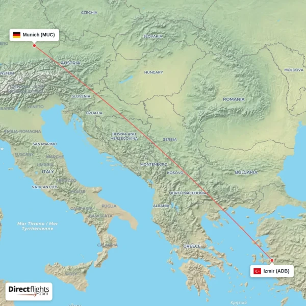 Izmir - Munich direct flight map