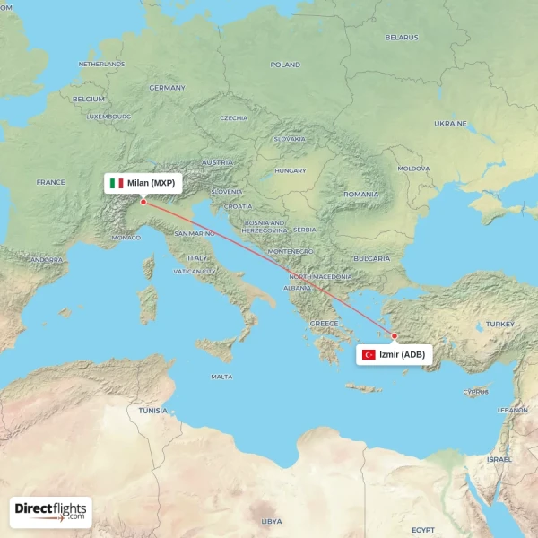 Izmir - Milan direct flight map
