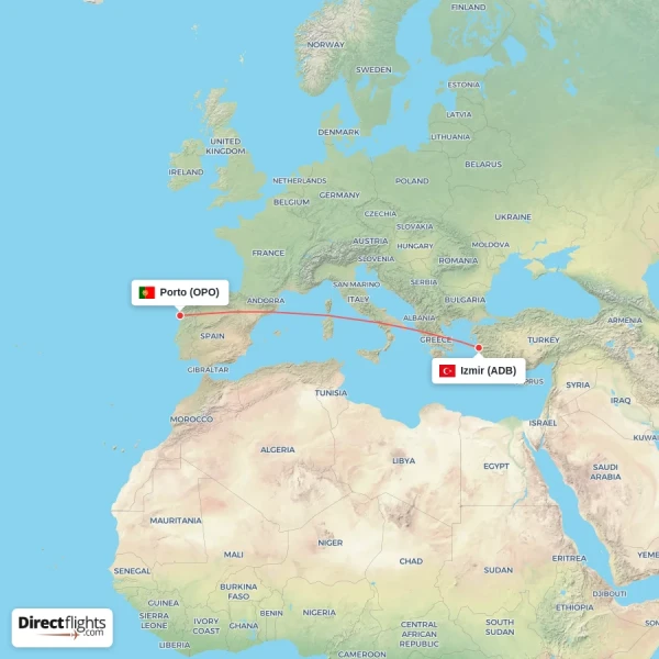 Izmir - Porto direct flight map