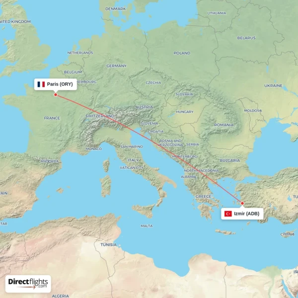 Izmir - Paris direct flight map