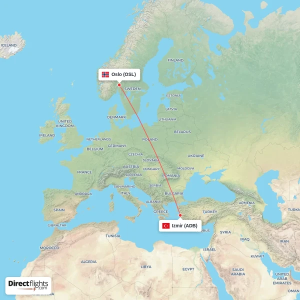 Izmir - Oslo direct flight map