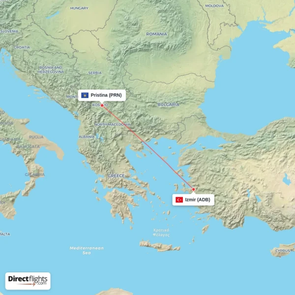 Izmir - Pristina direct flight map