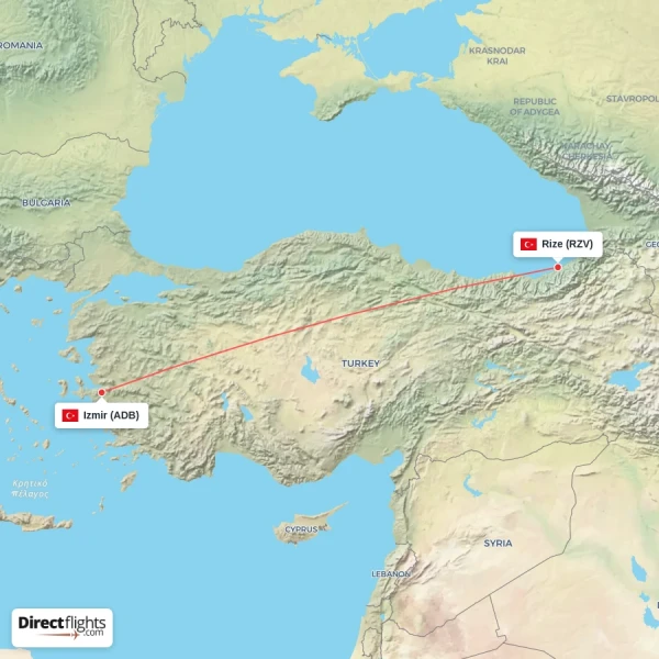 Izmir - Rize direct flight map