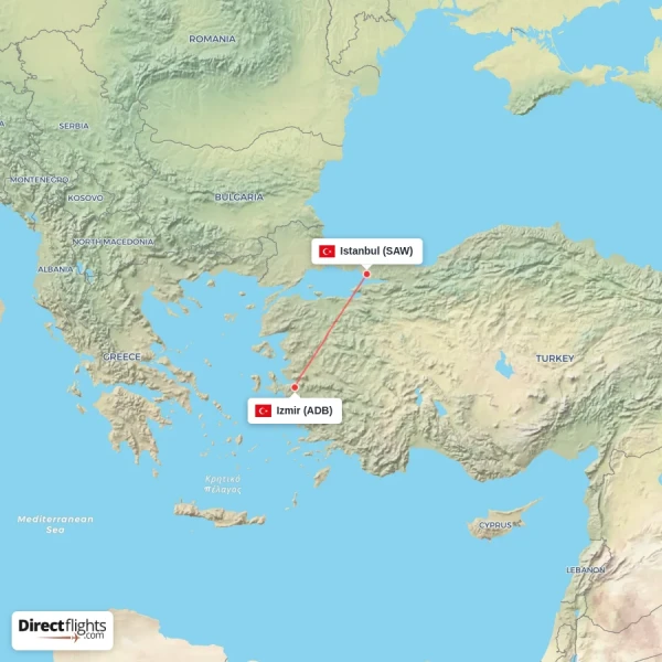 Izmir - Istanbul direct flight map