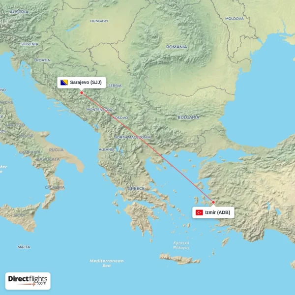Izmir - Sarajevo direct flight map
