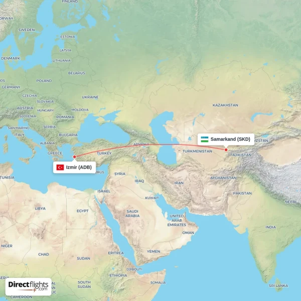 Izmir - Samarkand direct flight map