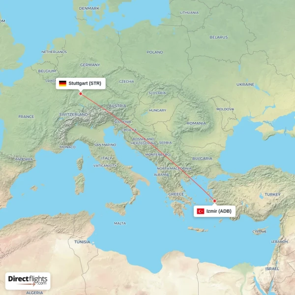 Izmir - Stuttgart direct flight map