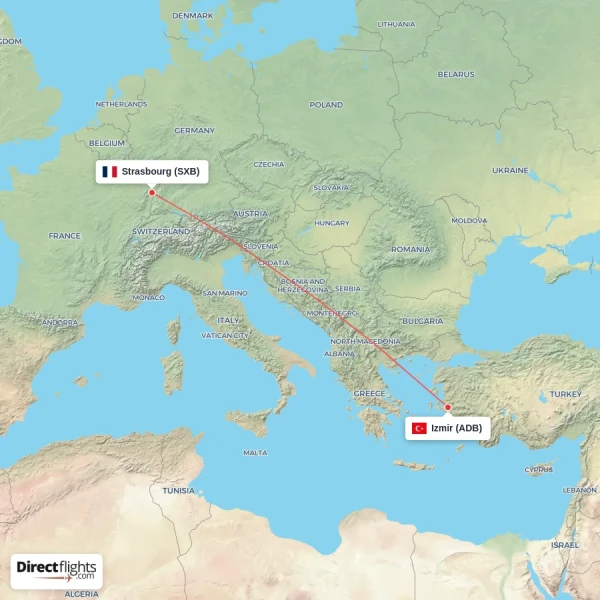 Izmir - Strasbourg direct flight map