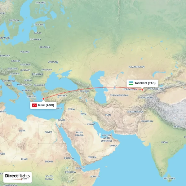 Izmir - Tashkent direct flight map
