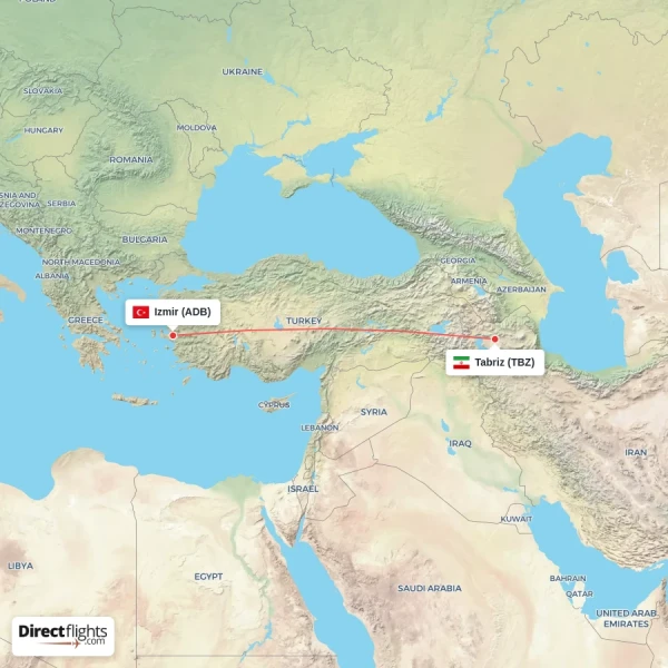 Izmir - Tabriz direct flight map