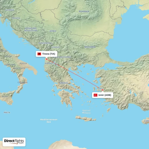Izmir - Tirana direct flight map