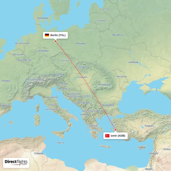 Izmir - Berlin direct flight map