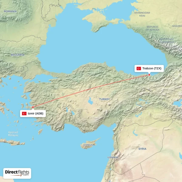 Izmir - Trabzon direct flight map